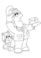 A coloring page of postman pat